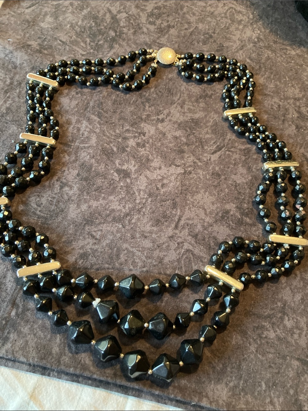 Black & Gold Tone Triple Strand Beaded Statement Necklace